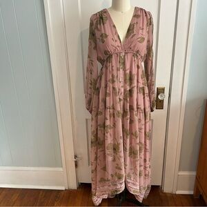 Lulus Floral Print Mauve and Green High Low Maxi